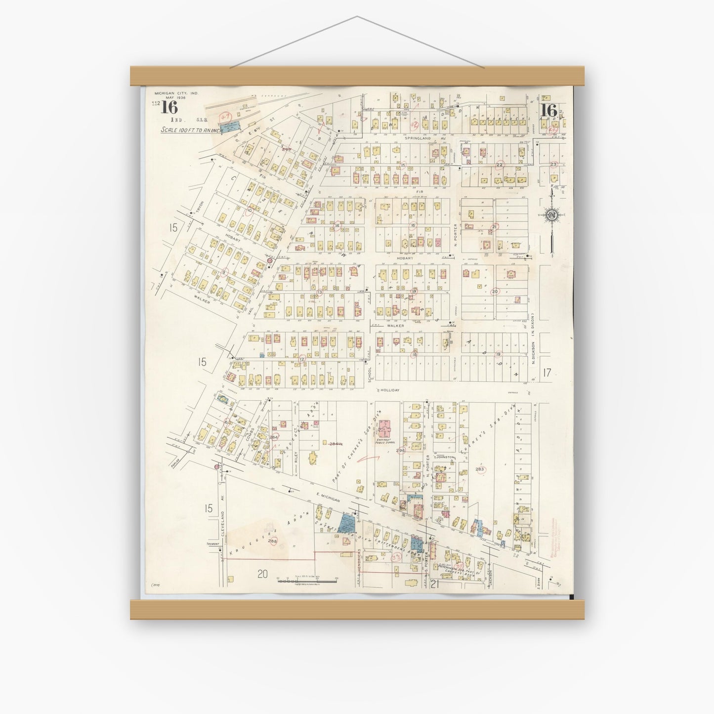 Old map wall art mockup — magnetic wood frame on white wall — Sanborn Fire Insurance Map from Michigan City, La Porte County, Indiana (1948), Sheet #0016