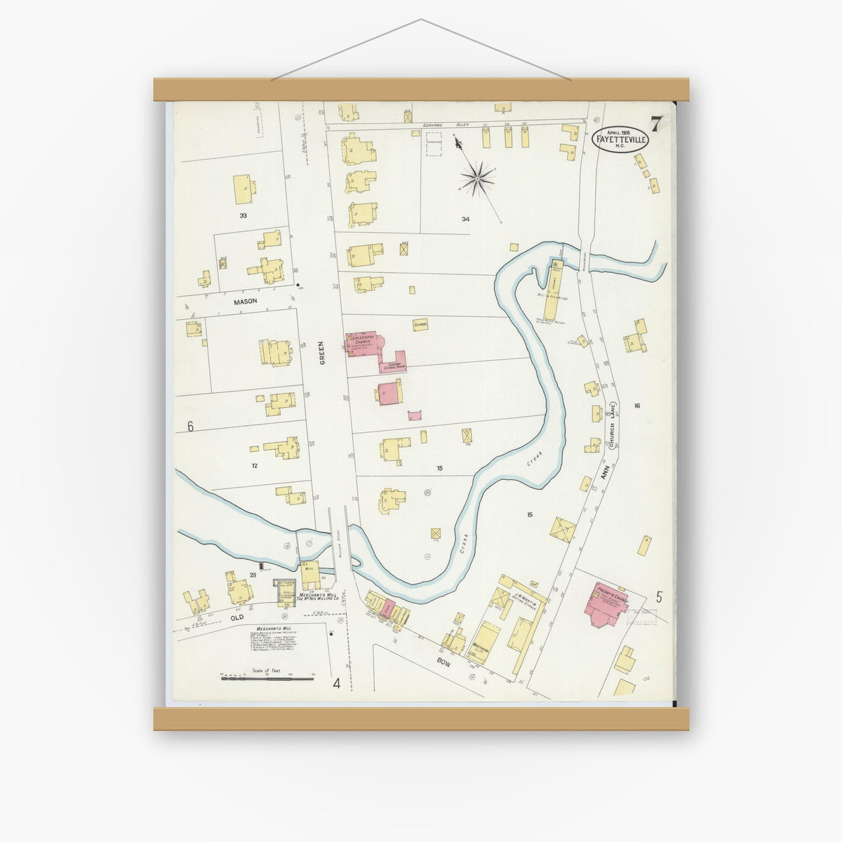 Old map wall art mockup — magnetic wood frame on white wall — Sanborn Fire Insurance Map from Fayetteville, Cumberland County, North Carolina (1908), Sheet #0007