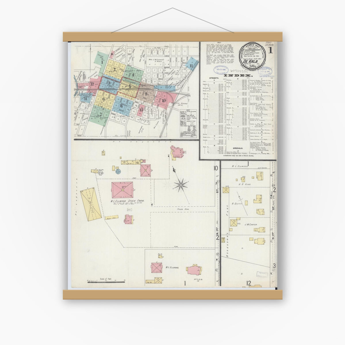Old map wall art mockup — magnetic wood frame on white wall — Sanborn Fire Insurance Map from De Kalb, De Kalb County, Illinois (1897) - Complete Map Set