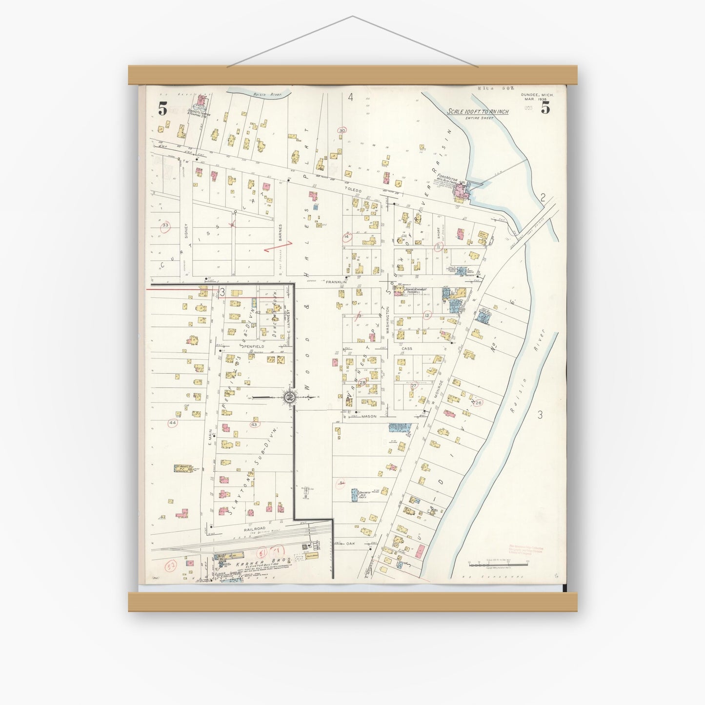 Old map wall art mockup — magnetic wood frame on white wall — Sanborn Fire Insurance Map from Dundee, Monroe County, Michigan (1949), Sheet #0005
