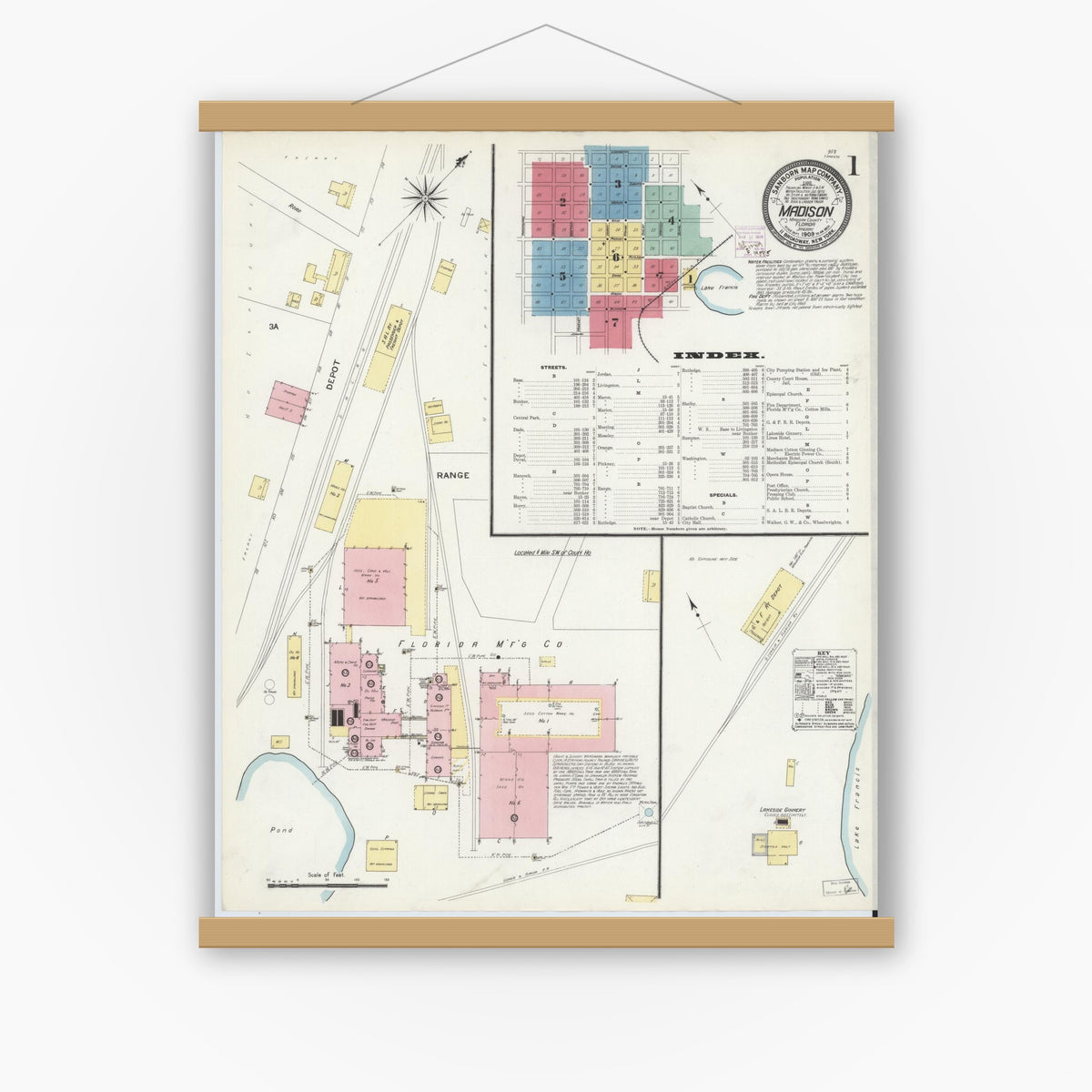 Old map wall art mockup — magnetic wood frame on white wall — Sanborn Fire Insurance Map from Madison, Madison County, Florida (1909), Sheet #0001