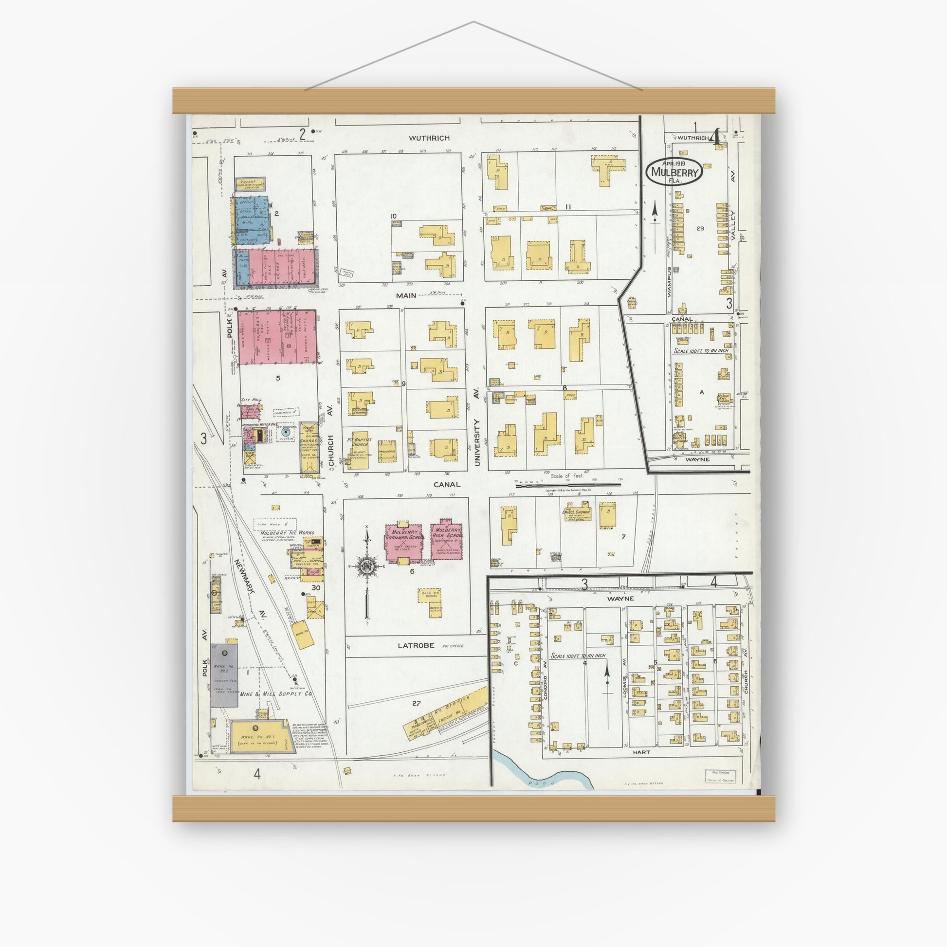 Old map wall art mockup — magnetic wood frame on white wall — Sanborn Fire Insurance Map from Mulberry, Polk County, Florida (1919), Sheet #0004