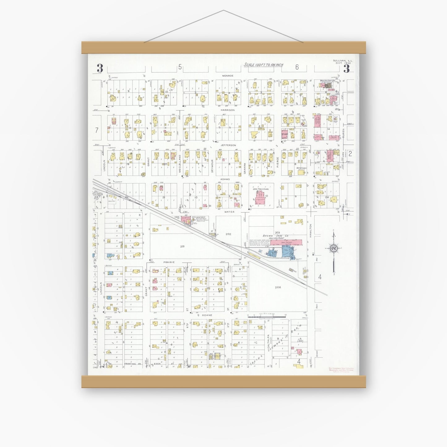 Old map wall art mockup — magnetic wood frame on white wall — Sanborn Fire Insurance Map from Sullivan, Moultrie County, Illinois (1932), Sheet #0003