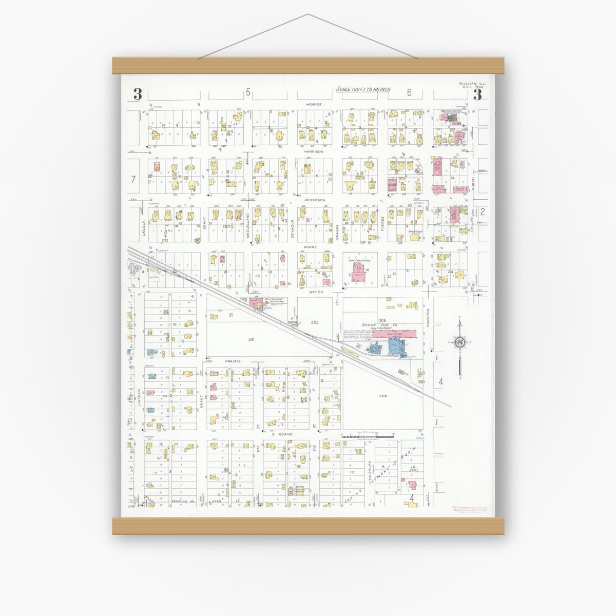 Old map wall art mockup — magnetic wood frame on white wall — Sanborn Fire Insurance Map from Sullivan, Moultrie County, Illinois (1932), Sheet #0003