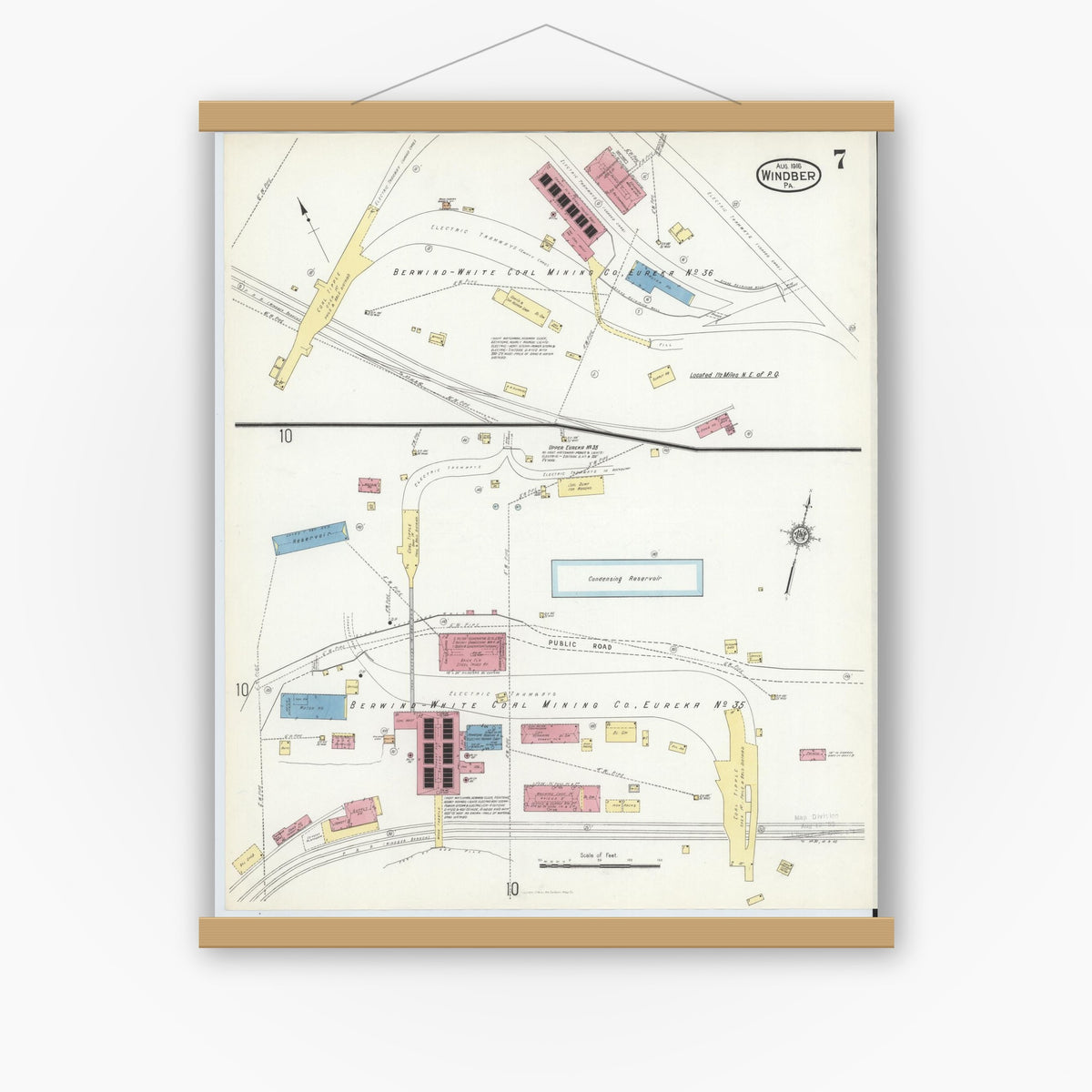 Old map wall art mockup — magnetic wood frame on white wall — Sanborn Fire Insurance Map from Windber, Somerset County, Pennsylvania (1916), Sheet #0007