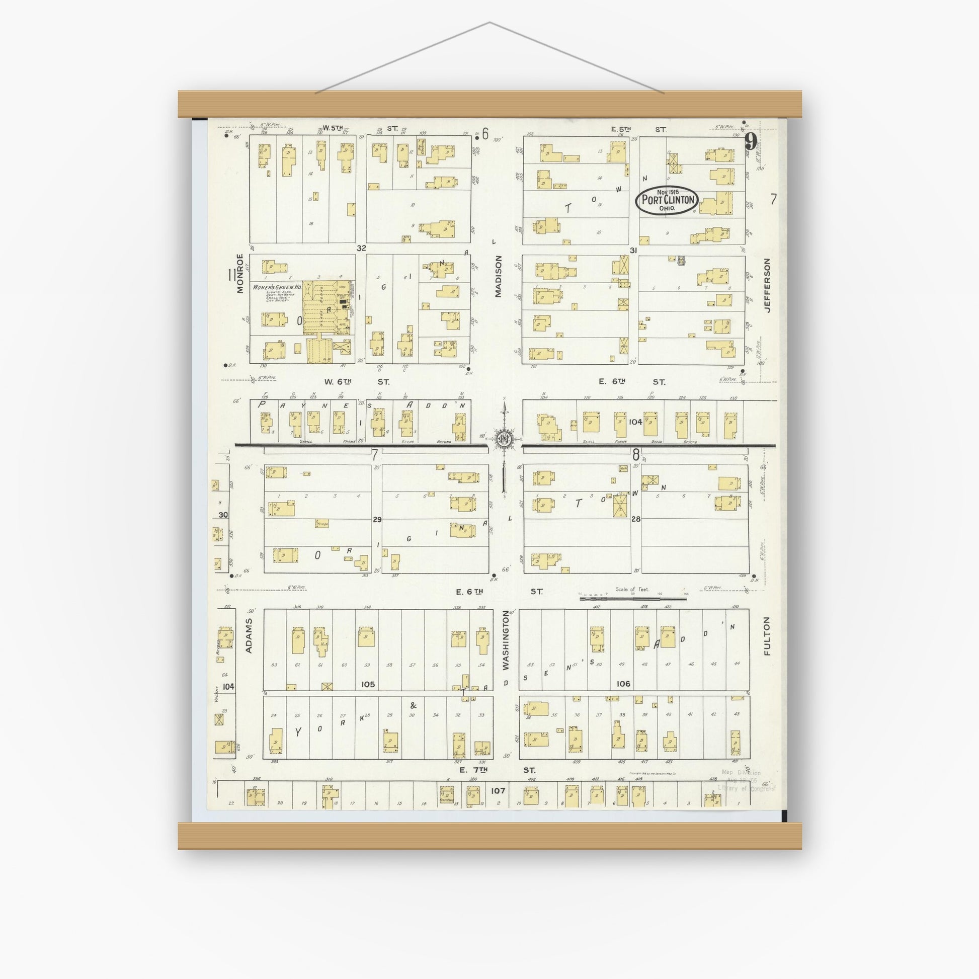 Old map wall art mockup — magnetic wood frame on white wall — Sanborn Fire Insurance Map from Port Clinton, Ottawa County, Ohio (1916), Sheet #0009