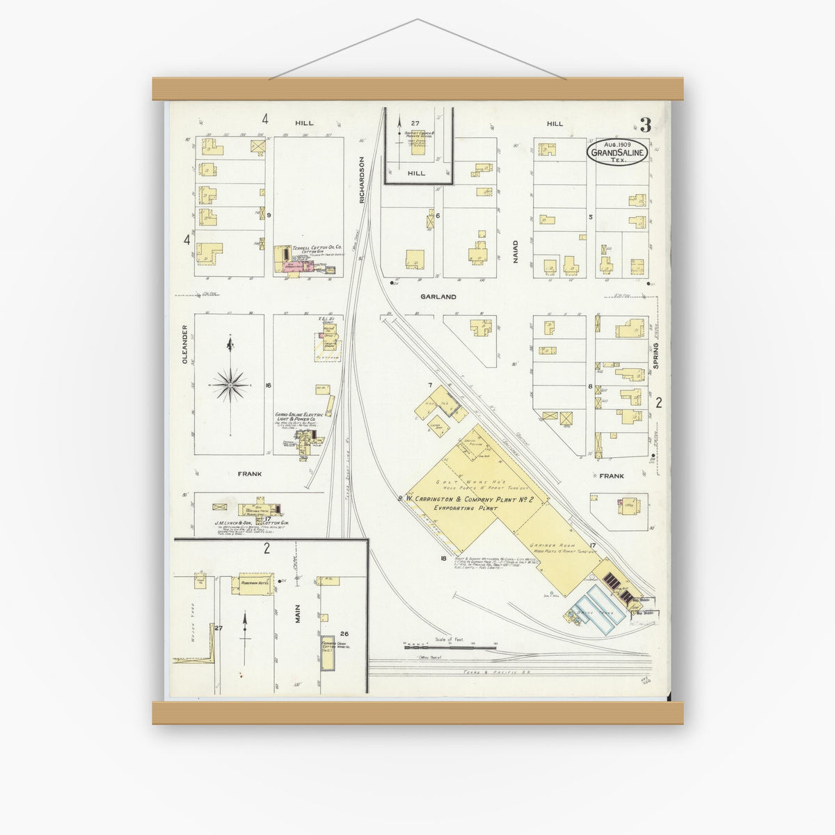 Old map wall art mockup — magnetic wood frame on white wall — Sanborn Fire Insurance Map from Grand Saline, Van Zandt County, Texas (1909), Sheet #0003