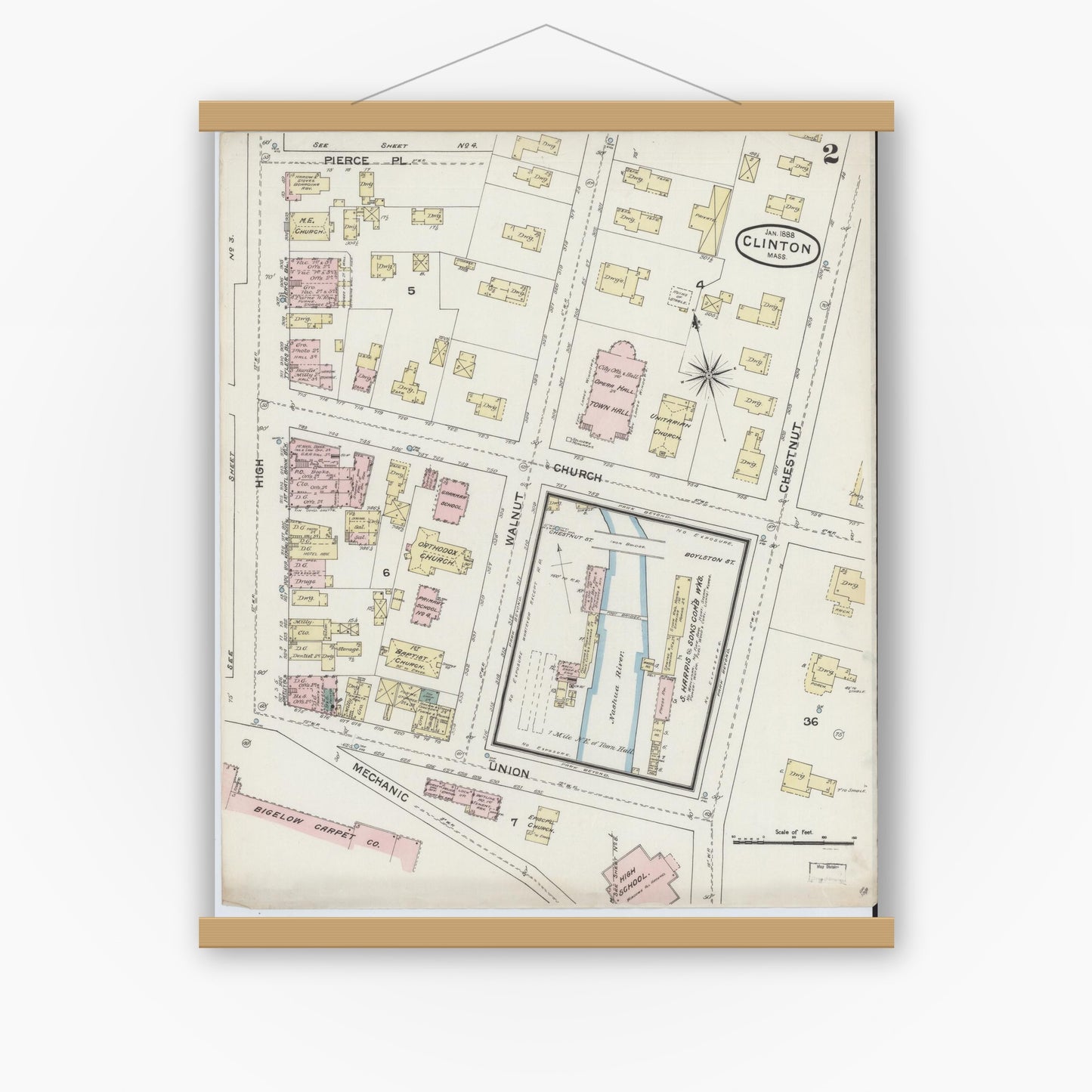 Old map wall art mockup — magnetic wood frame on white wall — Sanborn Fire Insurance Map from Clinton, Worcester County, Massachusetts (1888), Sheet #0002