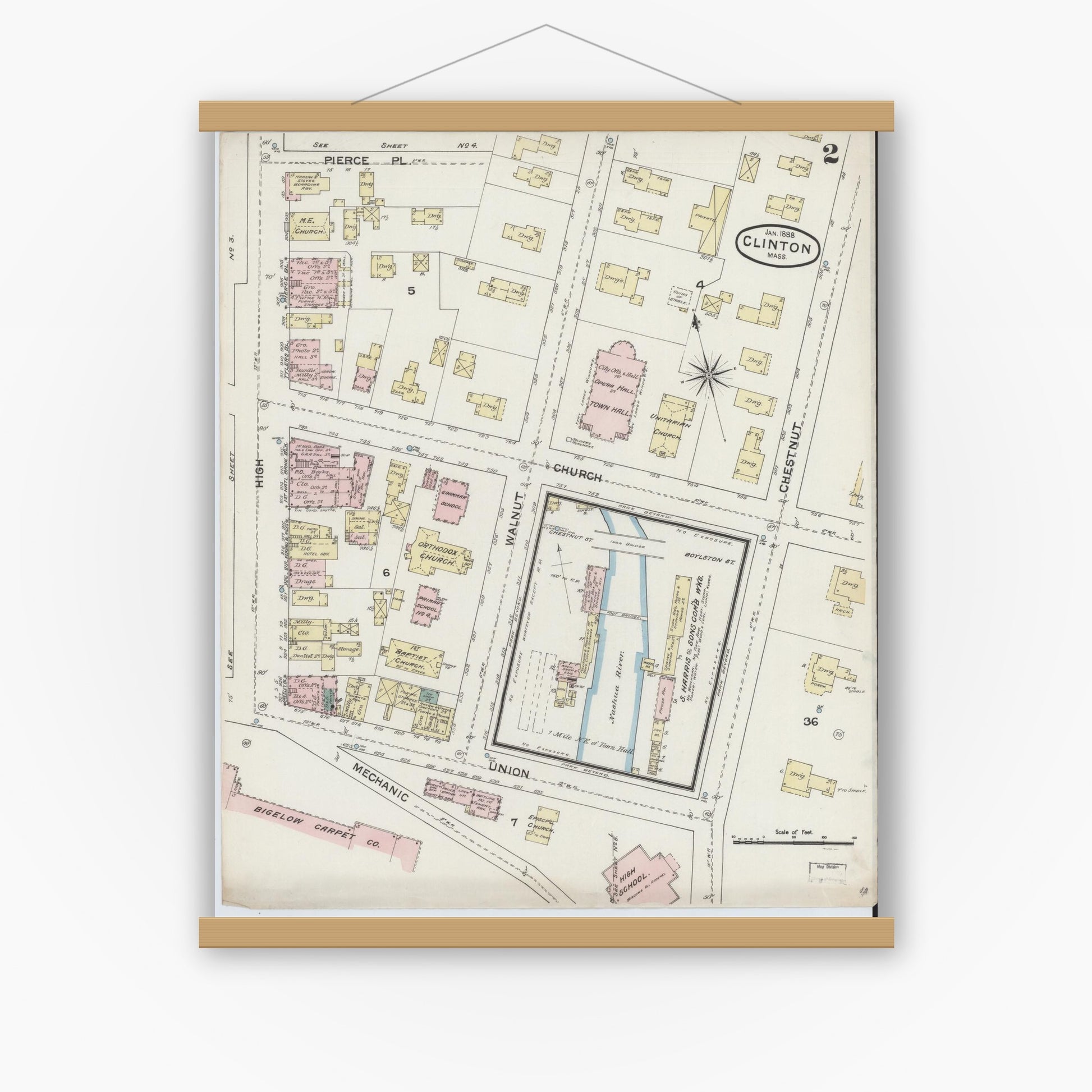 Old map wall art mockup — magnetic wood frame on white wall — Sanborn Fire Insurance Map from Clinton, Worcester County, Massachusetts (1888), Sheet #0002