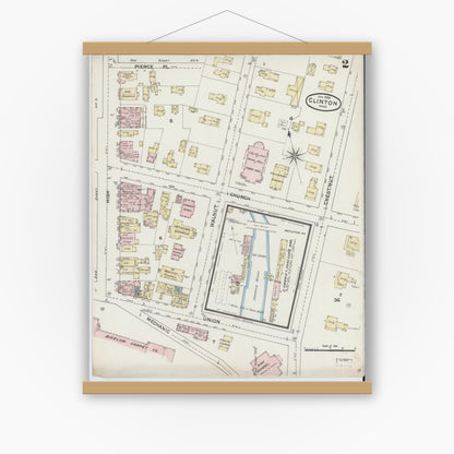 Old map wall art mockup — magnetic wood frame on white wall — Sanborn Fire Insurance Map from Clinton, Worcester County, Massachusetts (1888), Sheet #0002