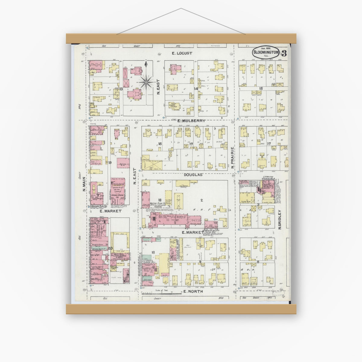 Old map wall art mockup — magnetic wood frame on white wall — Sanborn Fire Insurance Map from Bloomington, McLean County, Illinois (1892), Sheet #0003