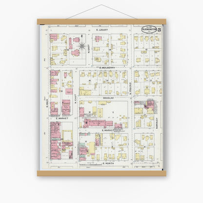 Old map wall art mockup — magnetic wood frame on white wall — Sanborn Fire Insurance Map from Bloomington, McLean County, Illinois (1892), Sheet #0003