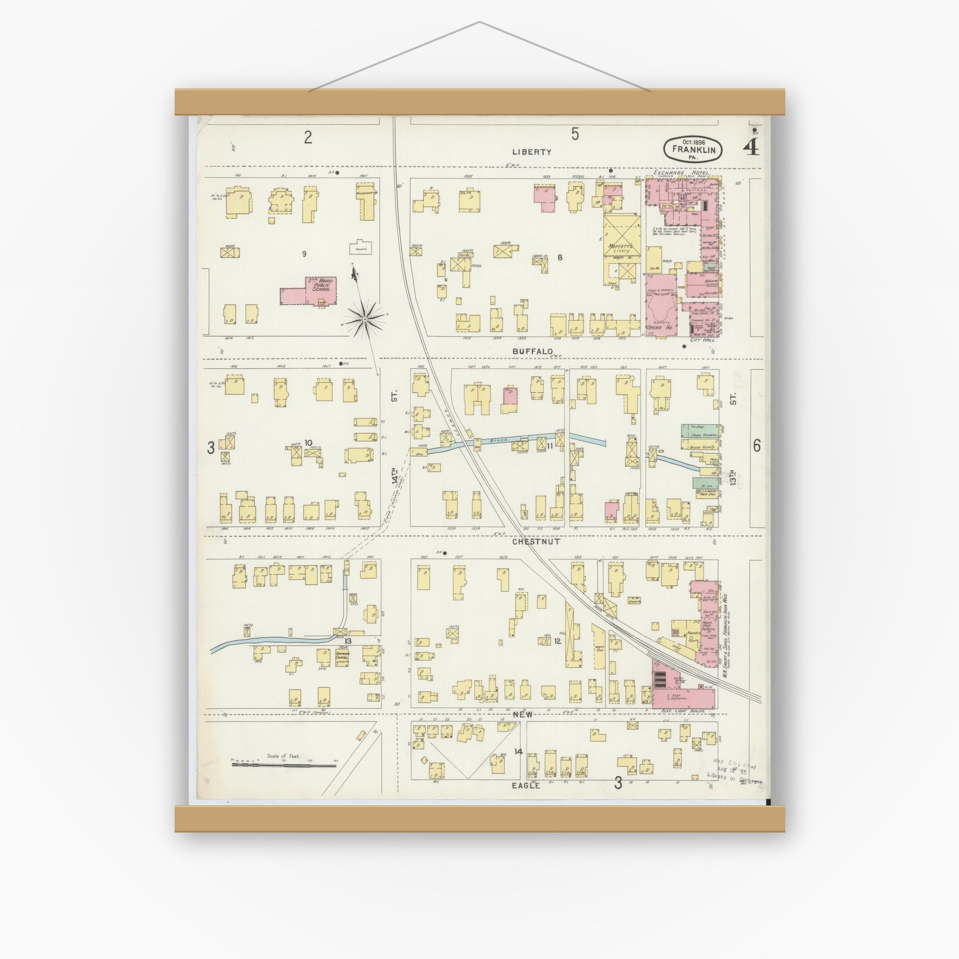 Old map wall art mockup — magnetic wood frame on white wall — Sanborn Fire Insurance Map from Franklin, Venango County, Pennsylvania (1896), Sheet #0004