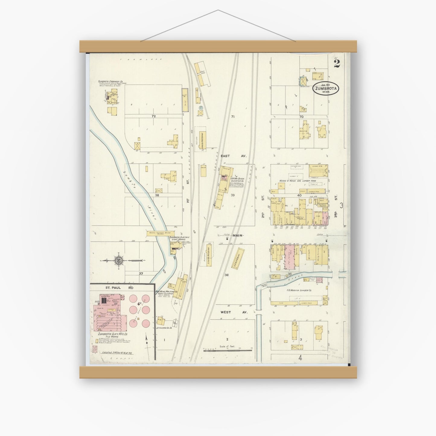 Old map wall art mockup — magnetic wood frame on white wall — Sanborn Fire Insurance Map from Zumbrota, Goodhue County, Minnesota (1911), Sheet #0002