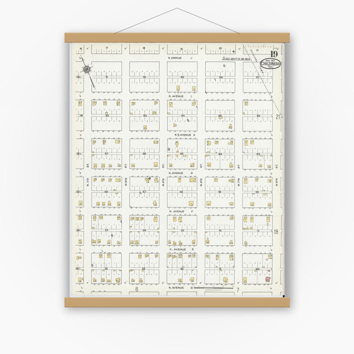 Old map wall art mockup — magnetic wood frame on white wall — Sanborn Fire Insurance Map from Childress, Childress County, Texas (1921), Sheet #0019
