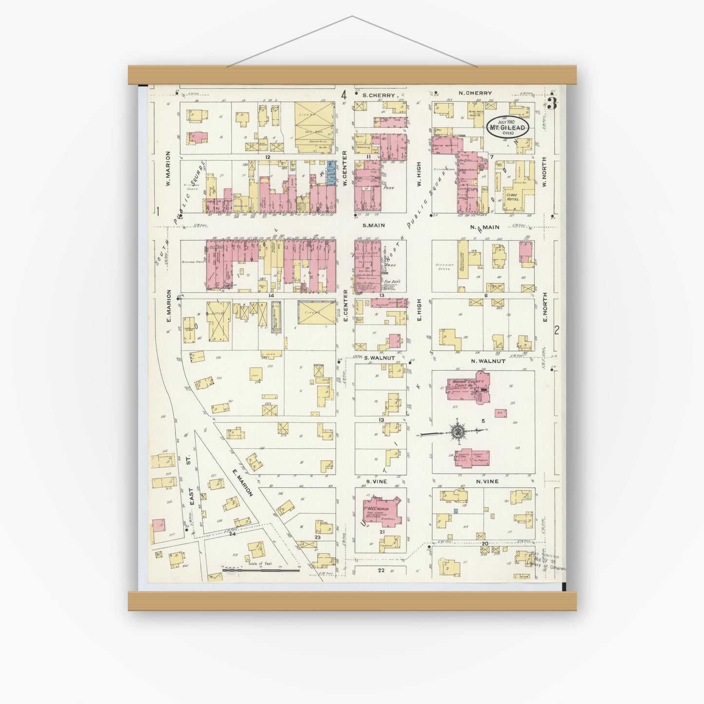 Old map wall art mockup — magnetic wood frame on white wall — Sanborn Fire Insurance Map from Mount Gilead, Morrow County, Ohio (1910), Sheet #0003