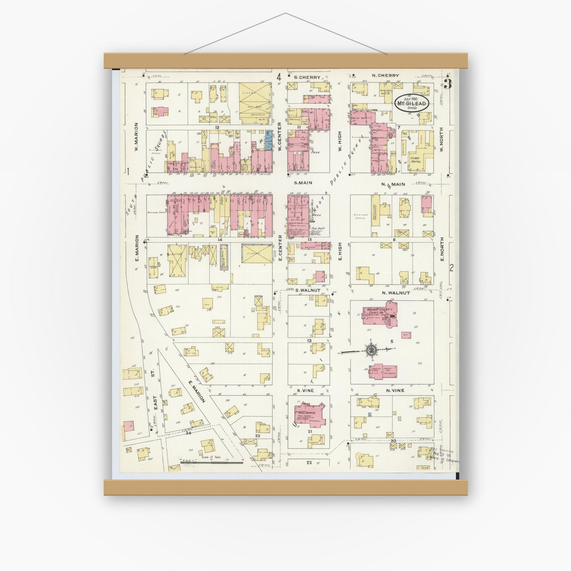 Old map wall art mockup — magnetic wood frame on white wall — Sanborn Fire Insurance Map from Mount Gilead, Morrow County, Ohio (1910), Sheet #0003