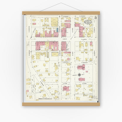 Old map wall art mockup — magnetic wood frame on white wall — Sanborn Fire Insurance Map from Mount Gilead, Morrow County, Ohio (1910), Sheet #0003