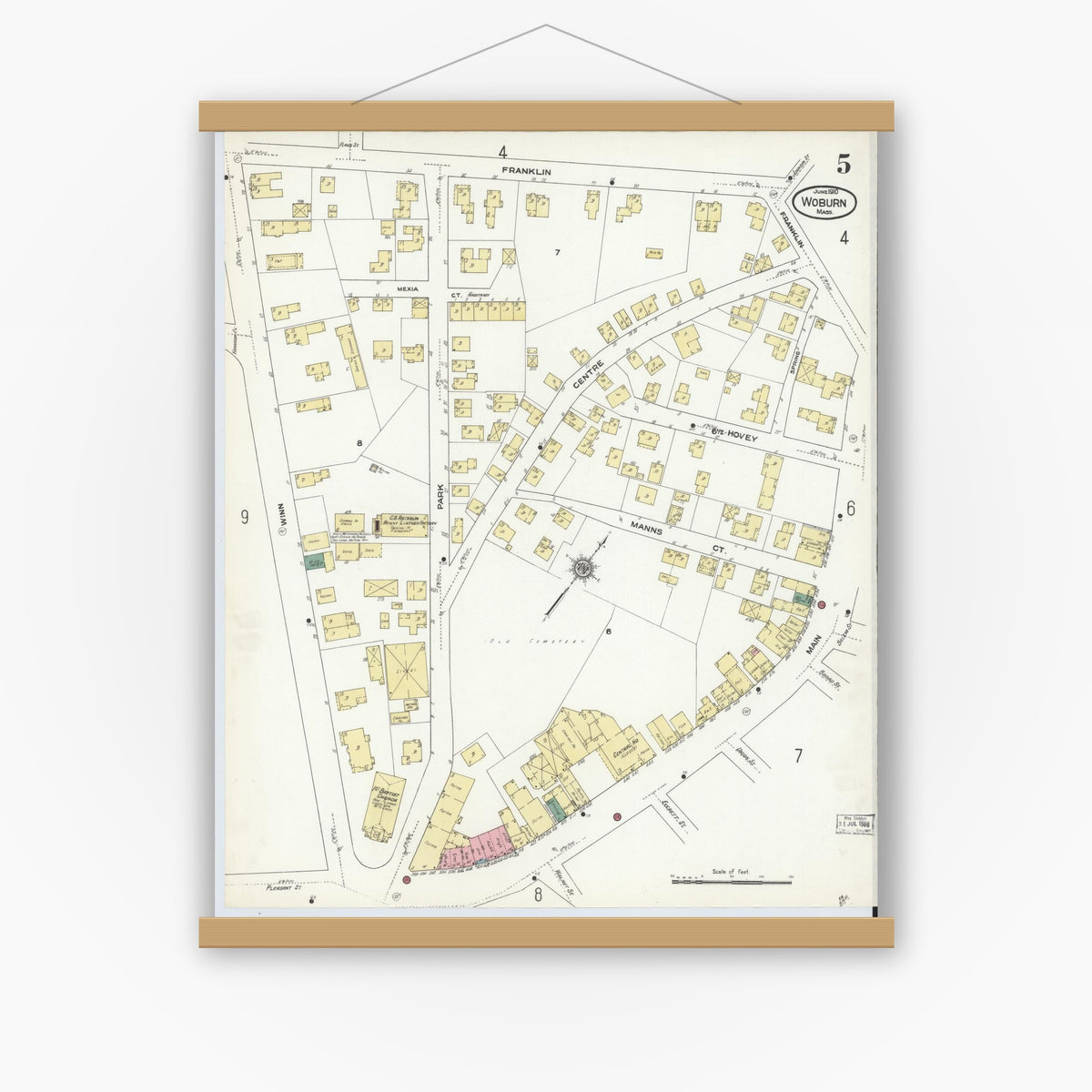 Old map wall art mockup — magnetic wood frame on white wall — Sanborn Fire Insurance Map from Woburn, Middlesex County, Massachusetts (1910), Sheet #0005