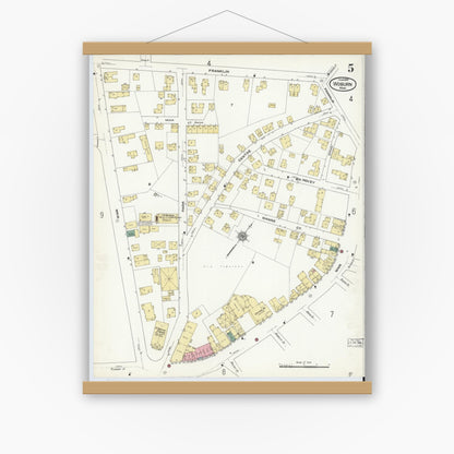 Old map wall art mockup — magnetic wood frame on white wall — Sanborn Fire Insurance Map from Woburn, Middlesex County, Massachusetts (1910), Sheet #0005