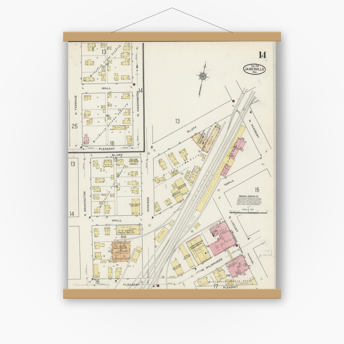 Old map wall art mockup — magnetic wood frame on white wall — Sanborn Fire Insurance Map from Janesville, Rock County, Wisconsin (1915), Sheet #0014