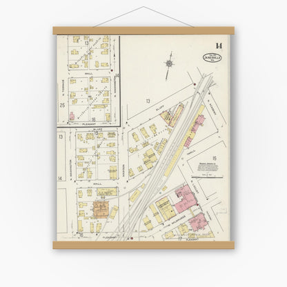 Old map wall art mockup — magnetic wood frame on white wall — Sanborn Fire Insurance Map from Janesville, Rock County, Wisconsin (1915), Sheet #0014