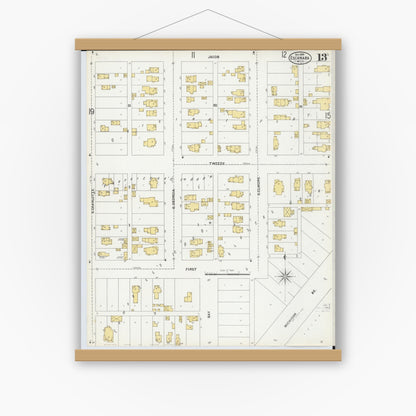 Old map wall art mockup — magnetic wood frame on white wall — Sanborn Fire Insurance Map from Escanaba, Delta County, Michigan (1899), Sheet #0013