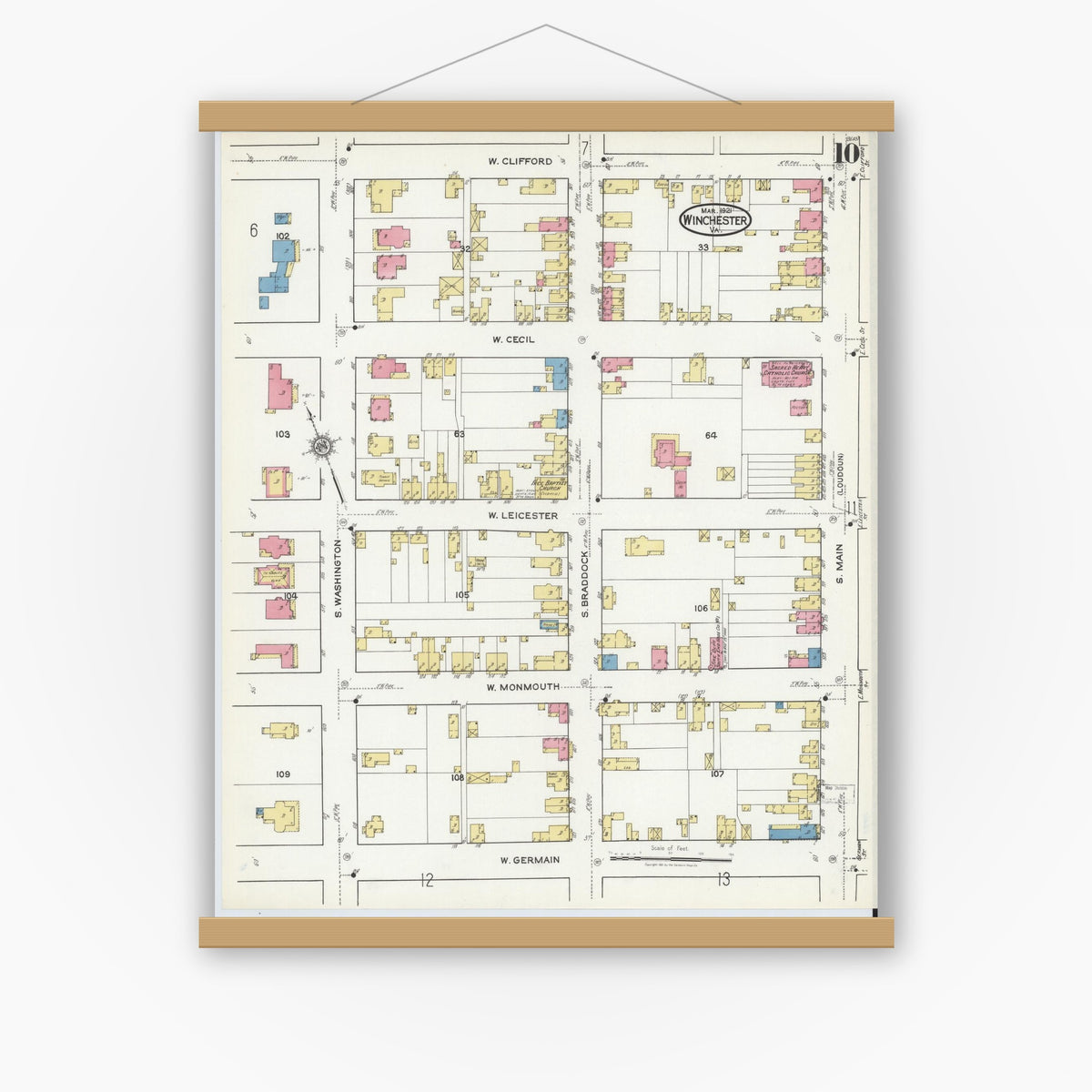Old map wall art mockup — magnetic wood frame on white wall — Sanborn Fire Insurance Map from Winchester, Independent Cities, Virginia (1921), Sheet #0010