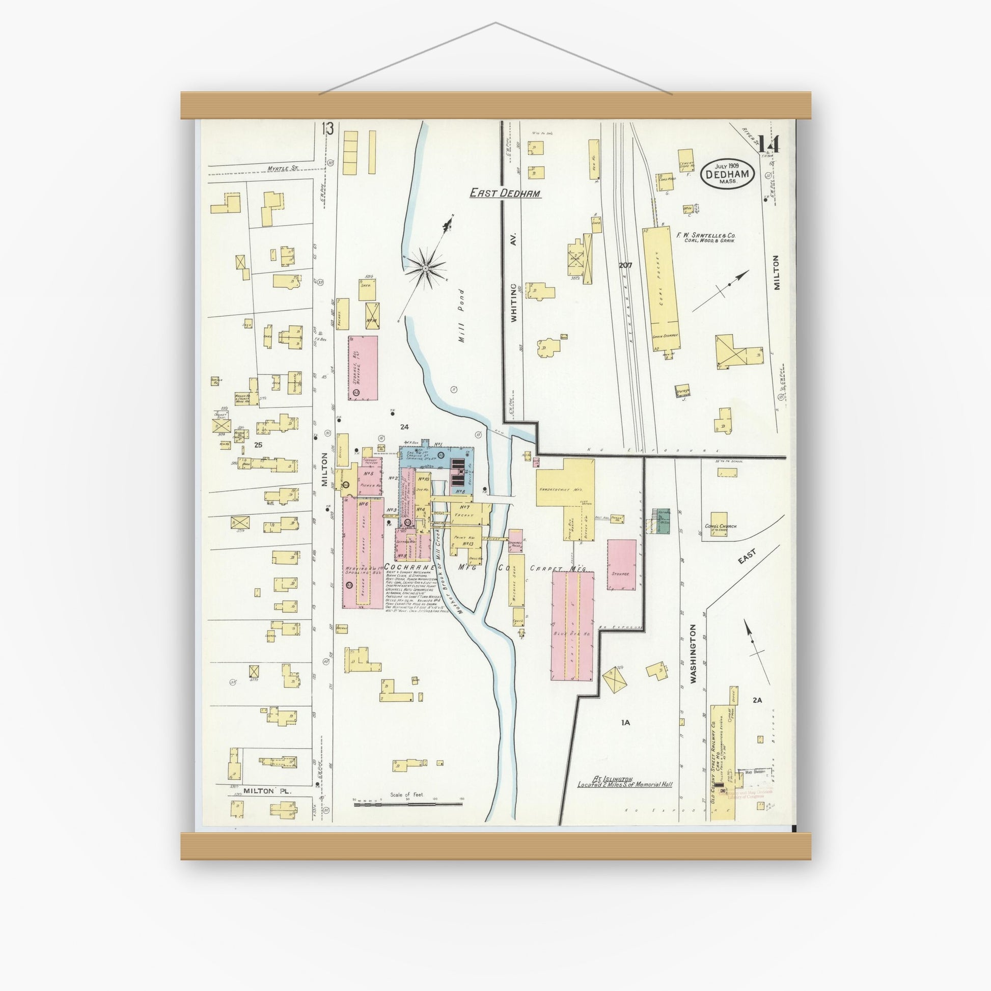 Old map wall art mockup — magnetic wood frame on white wall — Sanborn Fire Insurance Map from Dedham, Norfolk County, Massachusetts (1909), Sheet #0014