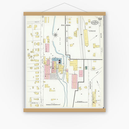Old map wall art mockup — magnetic wood frame on white wall — Sanborn Fire Insurance Map from Dedham, Norfolk County, Massachusetts (1909), Sheet #0014