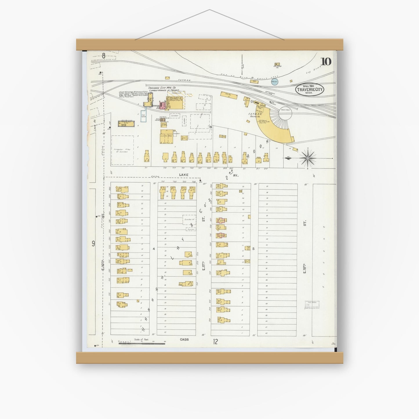 Old map wall art mockup — magnetic wood frame on white wall — Sanborn Fire Insurance Map from Traverse City, Grand Traverse County, Michigan (1904), Sheet #0010