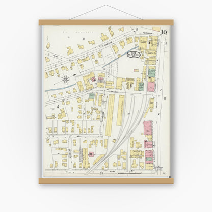 Old map wall art mockup — magnetic wood frame on white wall — Sanborn Fire Insurance Map from Marlborough, Middlesex County, Massachusetts (1896), Sheet #0010