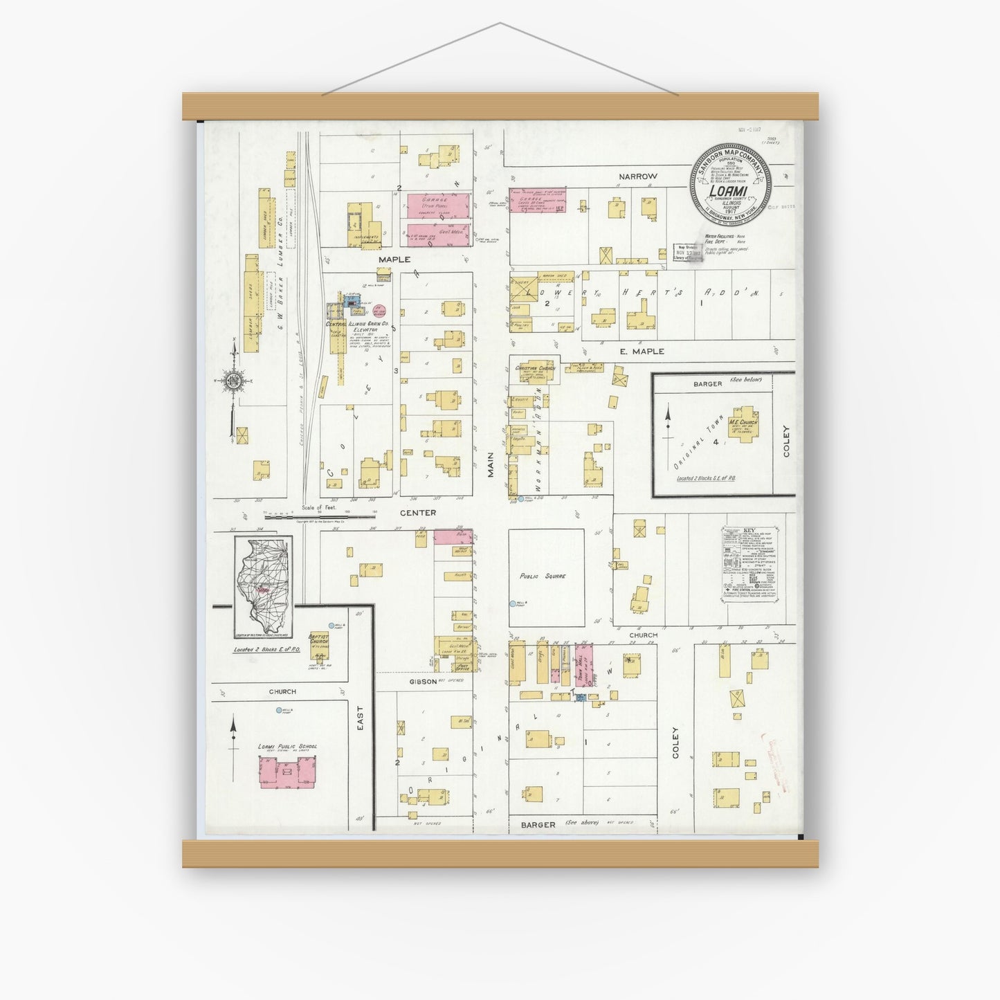 Old map wall art mockup — magnetic wood frame on white wall — Sanborn Fire Insurance Map from Loami, Sangamon County, Illinois (1917), Sheet #0001