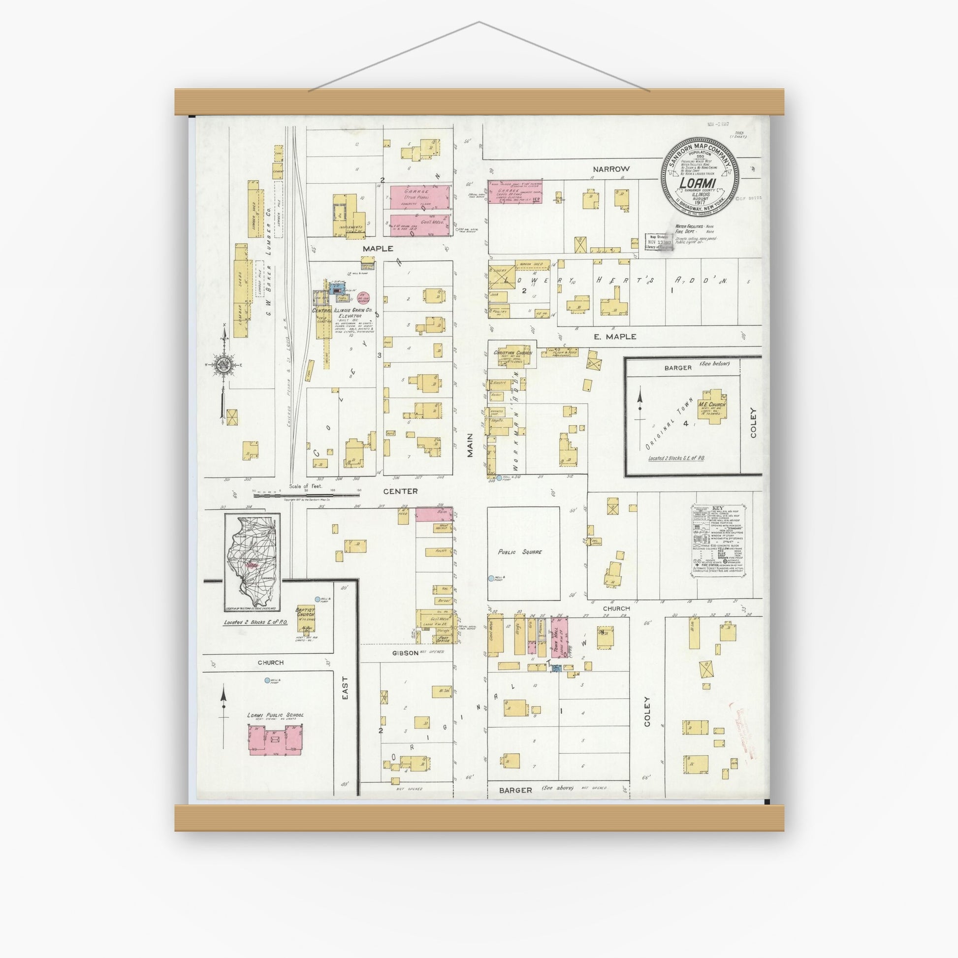 Old map wall art mockup — magnetic wood frame on white wall — Sanborn Fire Insurance Map from Loami, Sangamon County, Illinois (1917), Sheet #0001
