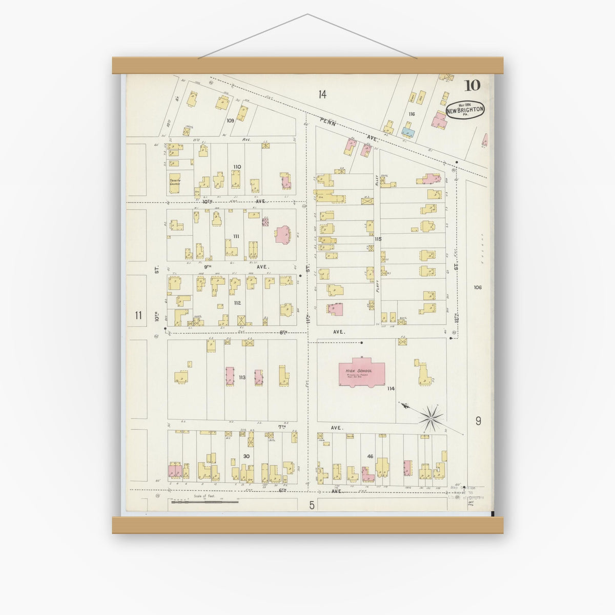 Old map wall art mockup — magnetic wood frame on white wall — Sanborn Fire Insurance Map from New Brighton, Beaver County, Pennsylvania (1896), Sheet #0010