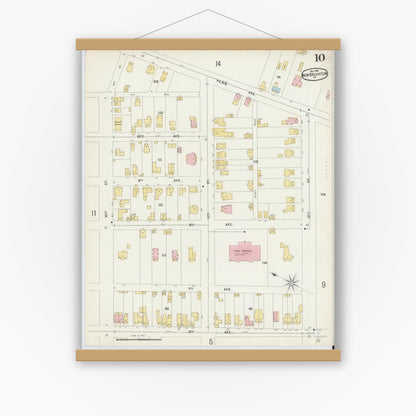 Old map wall art mockup — magnetic wood frame on white wall — Sanborn Fire Insurance Map from New Brighton, Beaver County, Pennsylvania (1896), Sheet #0010