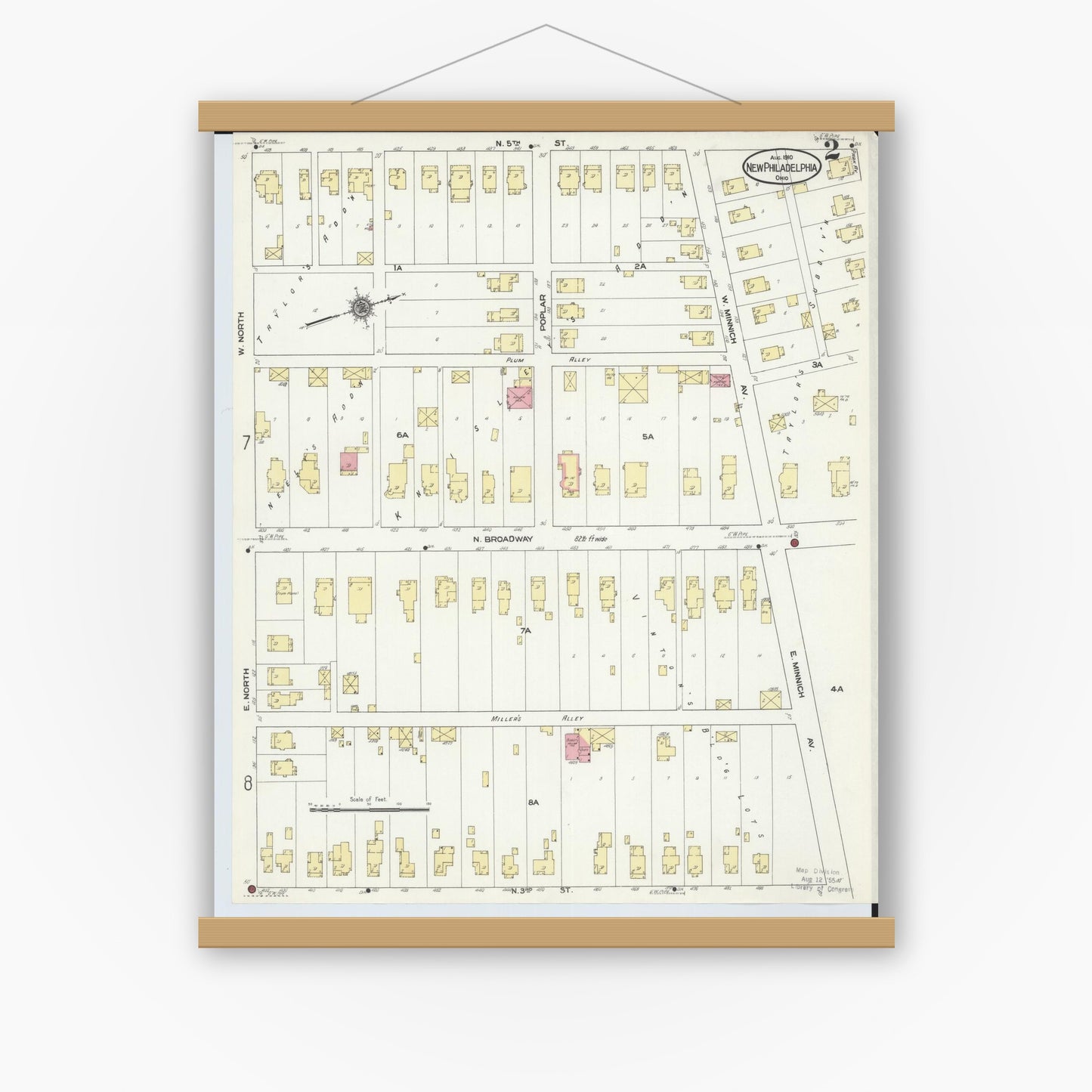 Old map wall art mockup — magnetic wood frame on white wall — Sanborn Fire Insurance Map from New Philadelphia, Tuscarawas County, Ohio (1910), Sheet #0002