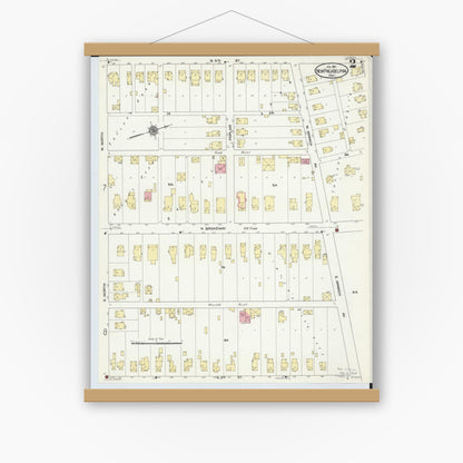 Old map wall art mockup — magnetic wood frame on white wall — Sanborn Fire Insurance Map from New Philadelphia, Tuscarawas County, Ohio (1910), Sheet #0002