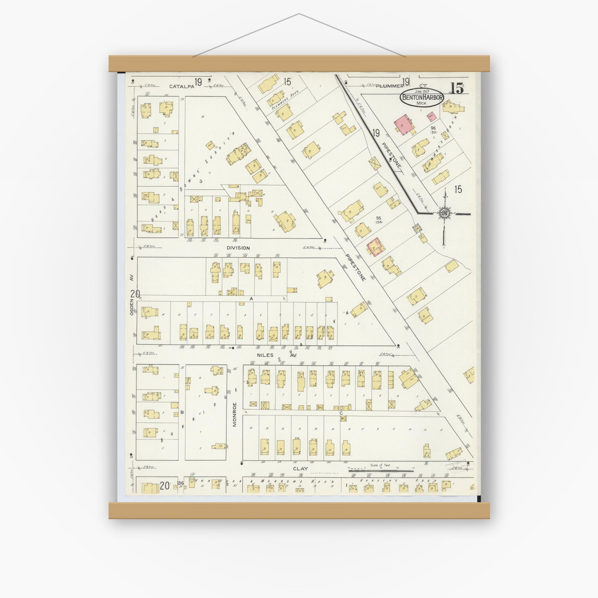 Old map wall art mockup — magnetic wood frame on white wall — Sanborn Fire Insurance Map from Benton Harbor, Berrien County, Michigan (1917), Sheet #0015