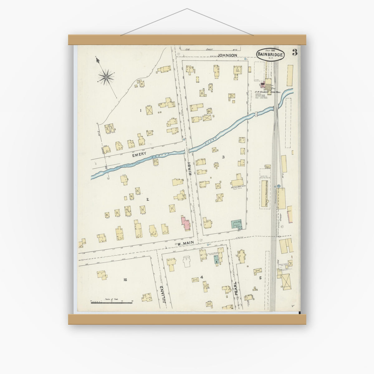 Old map wall art mockup — magnetic wood frame on white wall — Sanborn Fire Insurance Map from Bainbridge, Chenango County, New York (1891), Sheet #0003