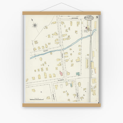 Old map wall art mockup — magnetic wood frame on white wall — Sanborn Fire Insurance Map from Bainbridge, Chenango County, New York (1891), Sheet #0003