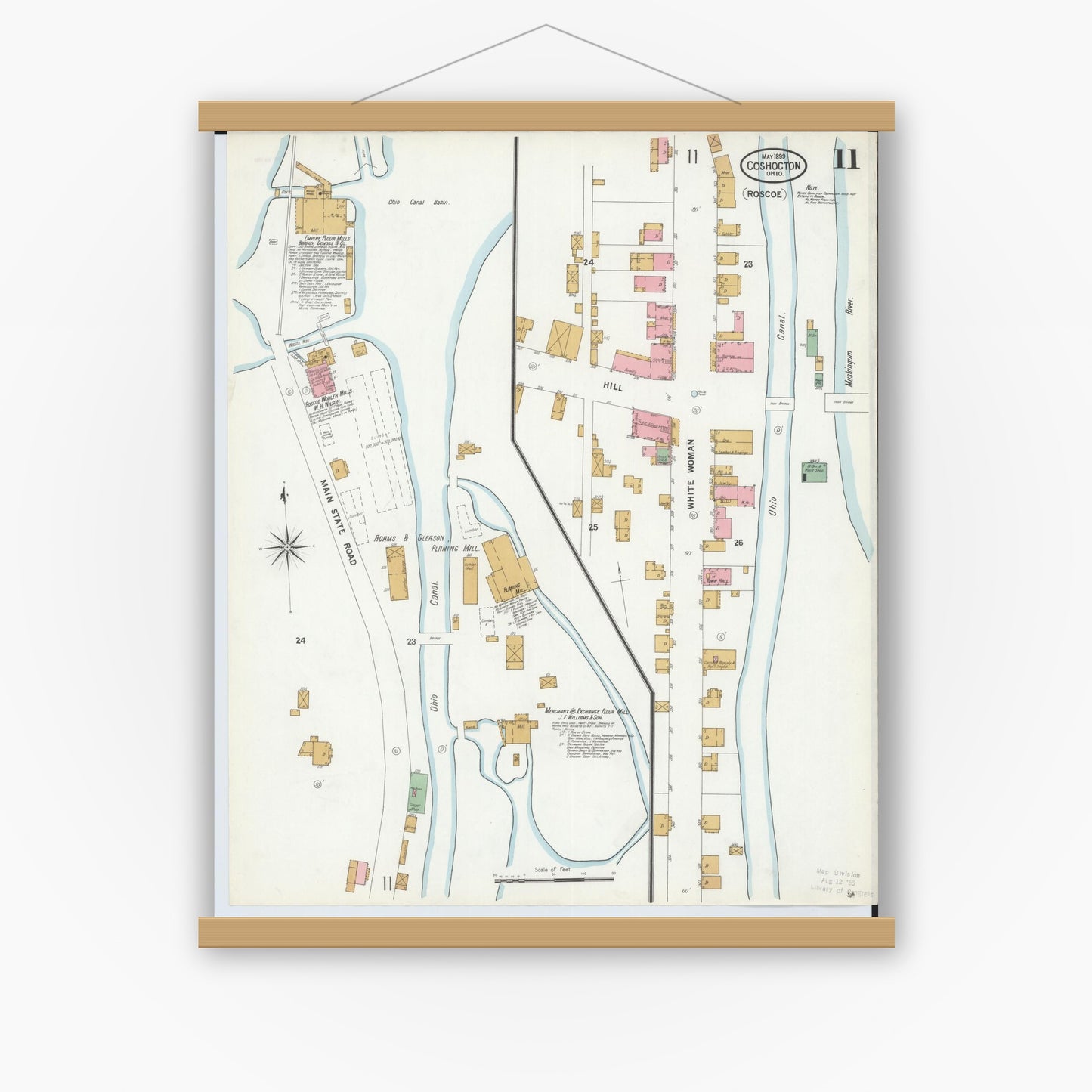 Old map wall art mockup — magnetic wood frame on white wall — Sanborn Fire Insurance Map from Coshocton, Coshocton County, Ohio (1899), Sheet #0011
