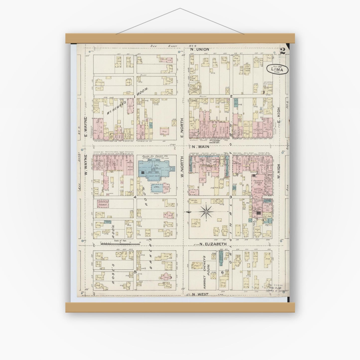 Old map wall art mockup — magnetic wood frame on white wall — Sanborn Fire Insurance Map from Lima, Allen County, Ohio (1887), Sheet #0002
