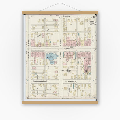 Old map wall art mockup — magnetic wood frame on white wall — Sanborn Fire Insurance Map from Lima, Allen County, Ohio (1887), Sheet #0002