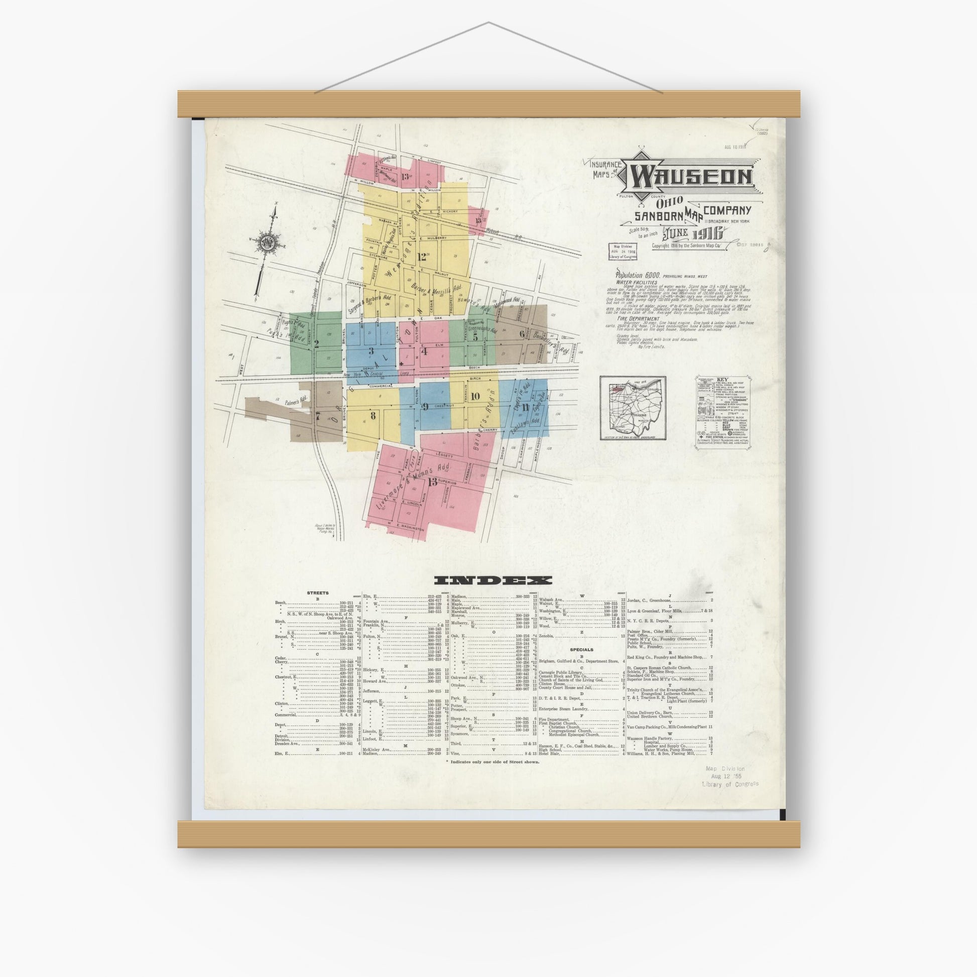 Old map wall art mockup — magnetic wood frame on white wall — Sanborn Fire Insurance Map from Wauseon, Fulton County, Ohio (1916) - Complete Map Set