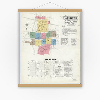 Old map wall art mockup — magnetic wood frame on white wall — Sanborn Fire Insurance Map from Wauseon, Fulton County, Ohio (1916) - Complete Map Set
