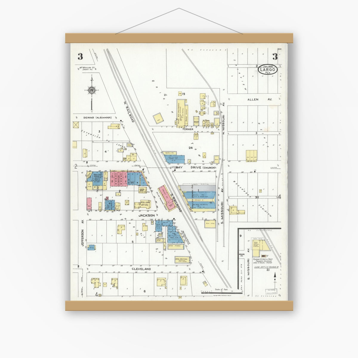 Old map wall art mockup — magnetic wood frame on white wall — Sanborn Fire Insurance Map from Largo, Pinellas County, Florida (1926), Sheet #0003