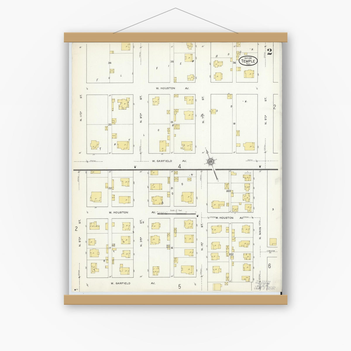 Old map wall art mockup — magnetic wood frame on white wall — Sanborn Fire Insurance Map from Temple, Bell County, Texas (1915), Sheet #0002