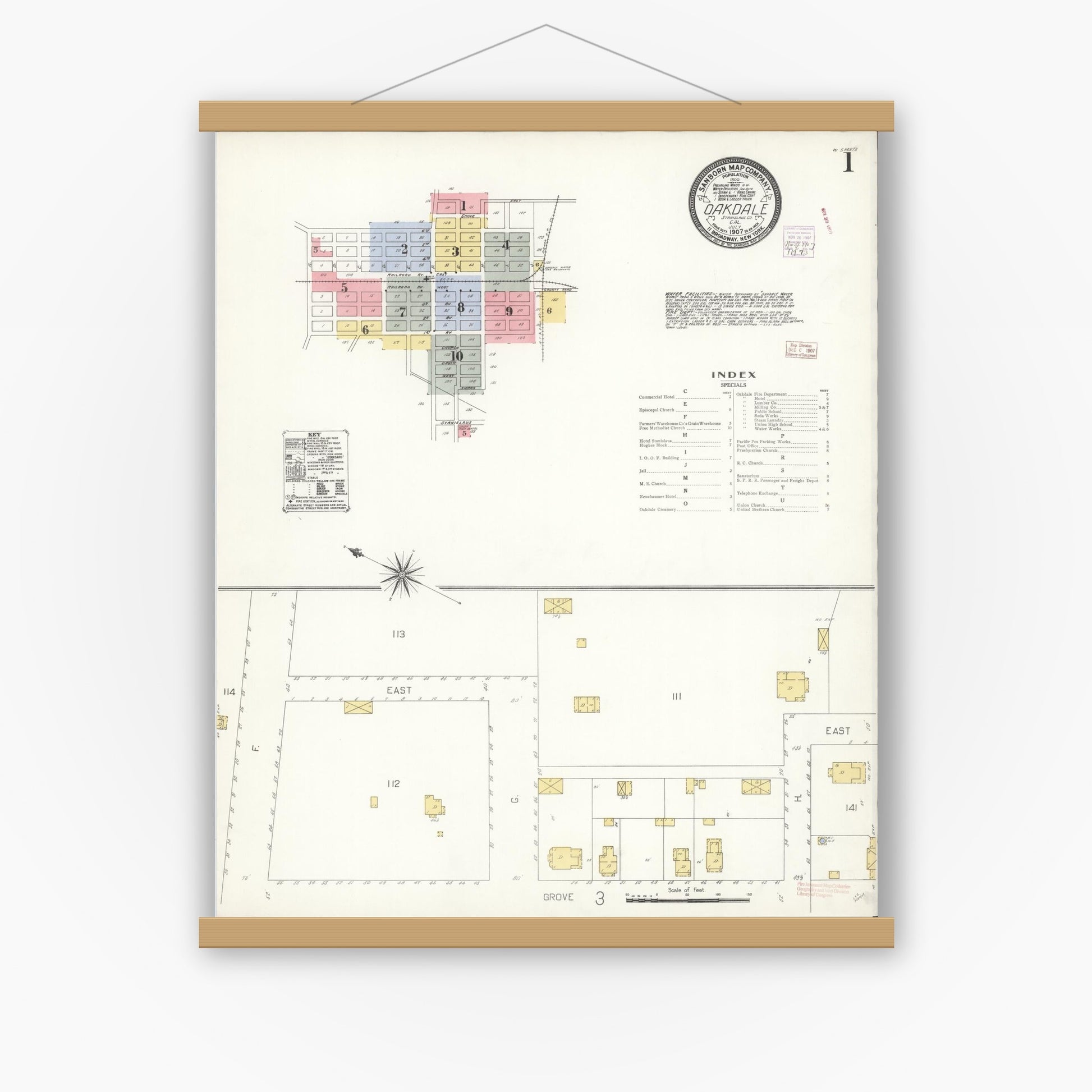 Old map wall art mockup — magnetic wood frame on white wall — Sanborn Fire Insurance Map from Oakdale, Stanislaus County, California (1907) - Complete Map Set