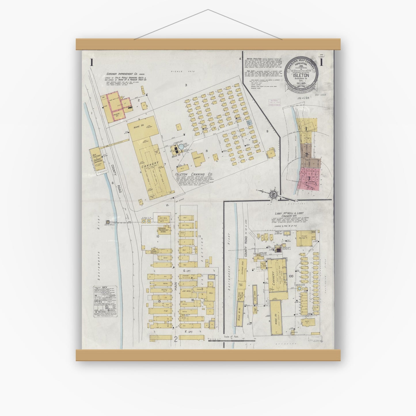 Old map wall art mockup — magnetic wood frame on white wall — Sanborn Fire Insurance Map from Isleton, Sacramento County, California (1925) - Complete Map Set